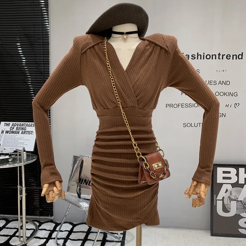 

New Women's Clothing 2022 Autumn Winter Temperament sexy V-neck long sleeve fold cross hip wrap dress