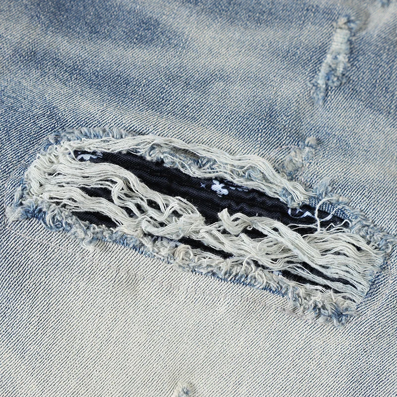 High Street Fashion Men Jeans Retro Blue Skinny Elastic Ripped Jeans Men Stretch Button Fly Patched Trousers Hip Hop Brand Pants