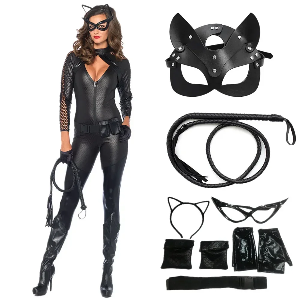 

New Women Mask Half Face Fox Cat Jumpsuit Cosplay Costume Adult Halloween Carnival Party Show Bodysuit With Whip