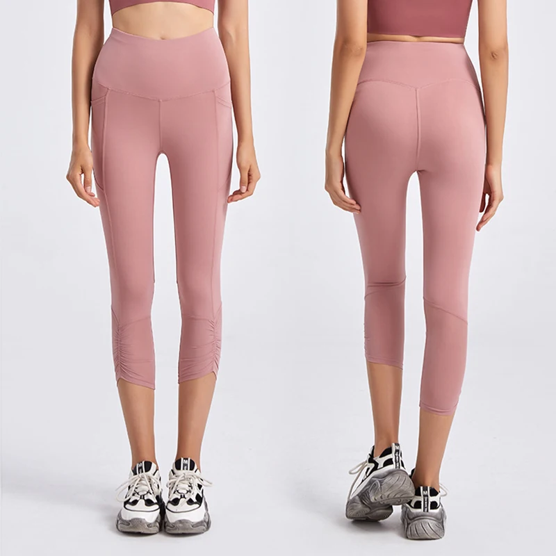 

Новинка, укороченные штаны для йоги, телесные дышащие штаны с высокой талией для фитнеса, сетчатые спортивные штаны с карманами