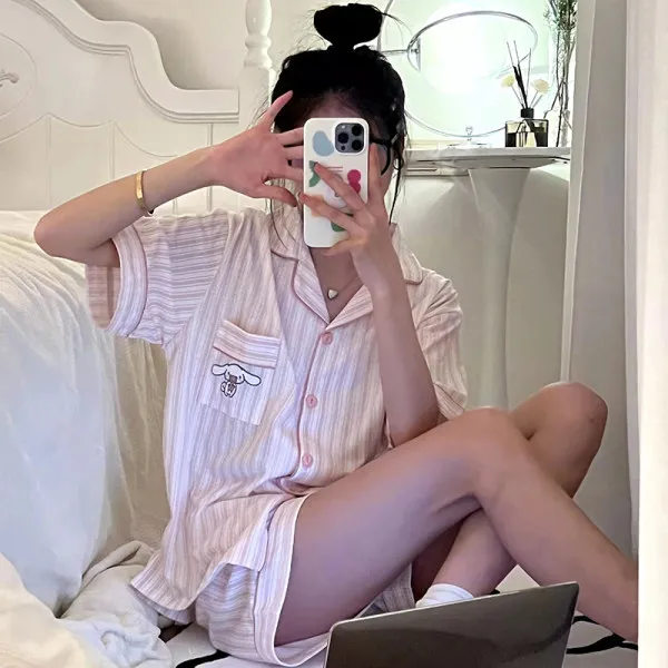 Japanese nightwear girl summer cute ins style cartoon dog short sleeve pure cotton two-piece sweet home clothes