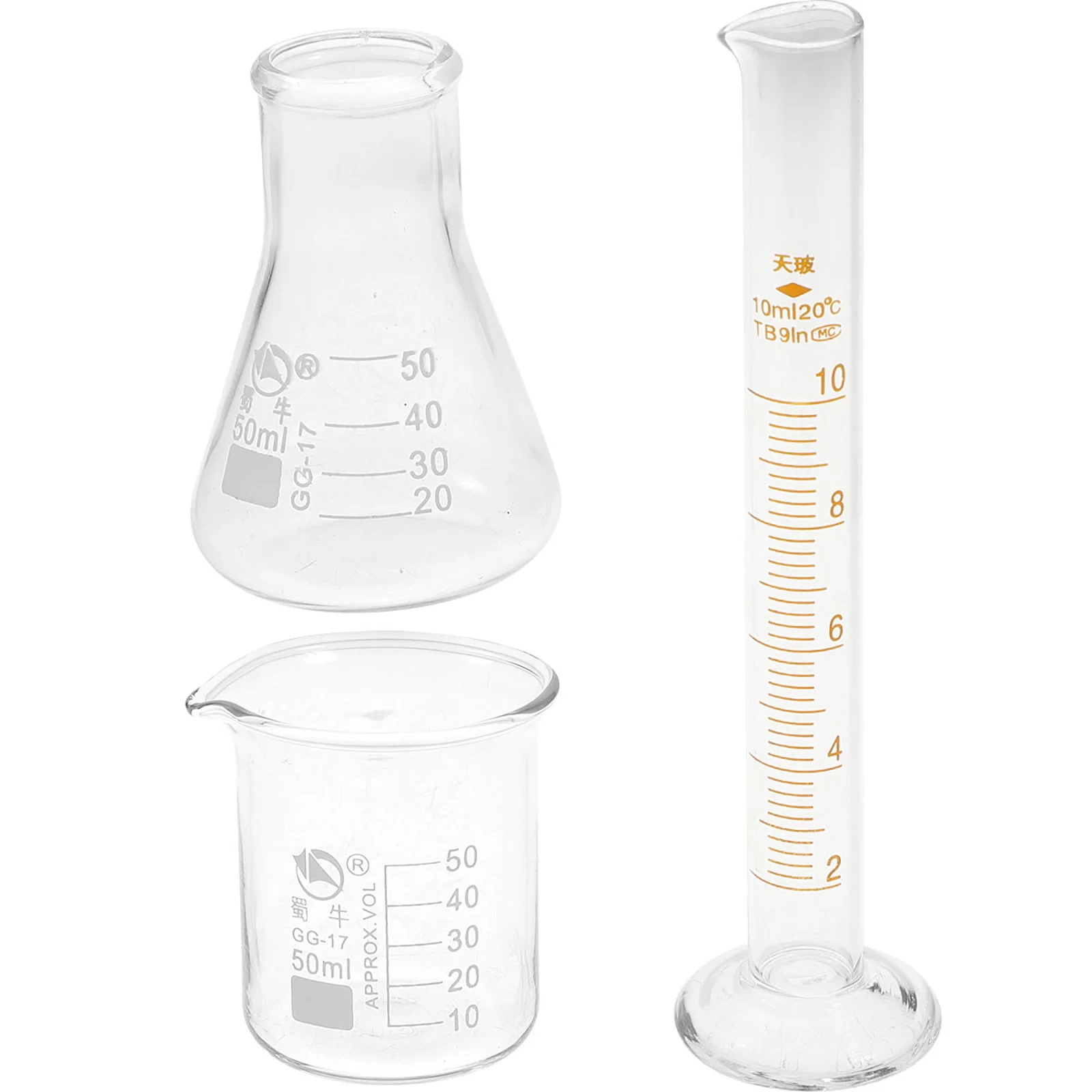 

3pcs Scientific Laboratory Tool (Glass Graduated Cylinder Beaker Conical Flask)