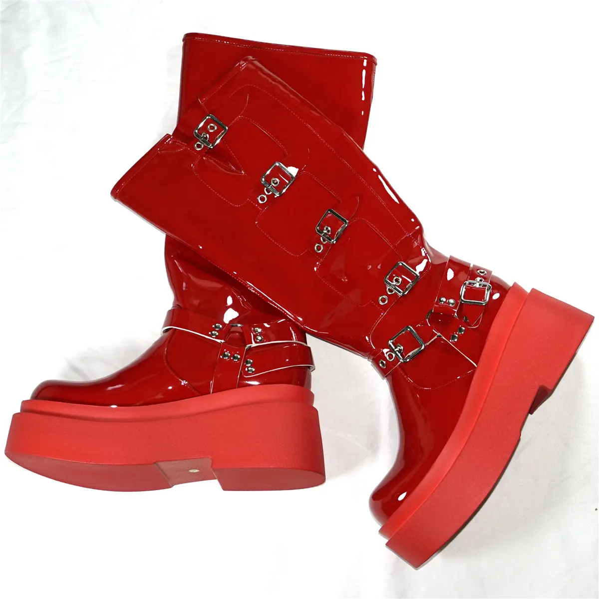 Super High Heels Fashion Sneakers Women Red Patent Leather Wedges Knee High Boots Female Round Toe Platform Pumps Casual Shoes