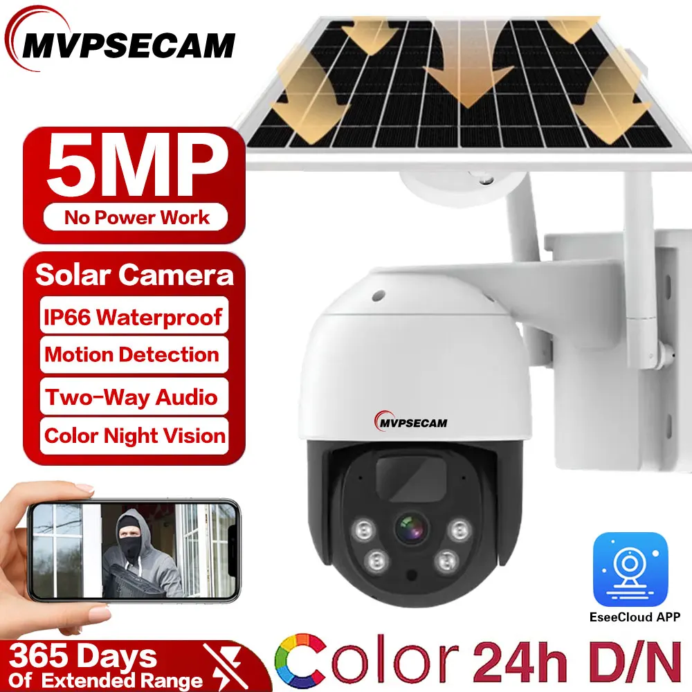 

5MP WiFi Solar Camera PIR Human Detection PTZ IP Cam With 10400mAh Solar Panel Recharge Battery Video Surveillance 360° Camera