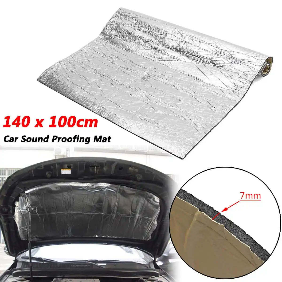 

140/100x100cm 7mm Car Sound Deadener Mat Noise bonnet Insulation Deadening for Hood Engine Firewall Heat Material Aluminum Foam