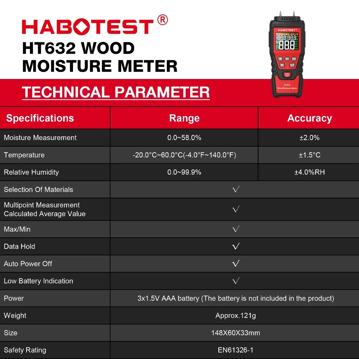 Фото HABOTEST HT632 Цифровой измеритель влажности, гигрометр с двумя контактами для обнаружения бетона, цемента, кирпича, деревянной стены, испытаний на воде №5
