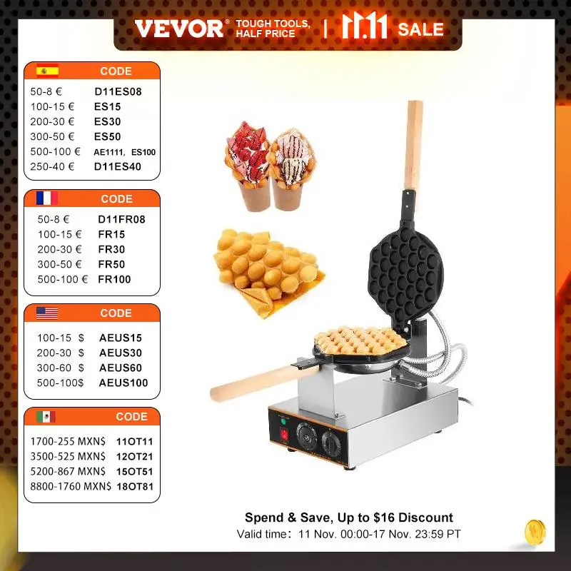 VEVOR Вафельница с яичным пузырем 1400 Вт коммерческий электрический антипригарный противень для выпечки торта слоеные яичные вафли прибор для приготовления пищи на домашней кухне