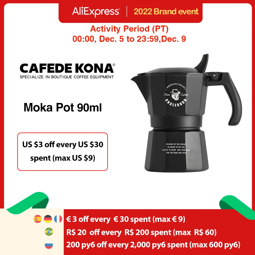 

CAFEDE KONA Moka Pot Espresso Maker 1.5bars 90ml 2Cups Food-safe Coffee Maker Outdoor Coffee Pot Brewing Forms A Layer Of Crema