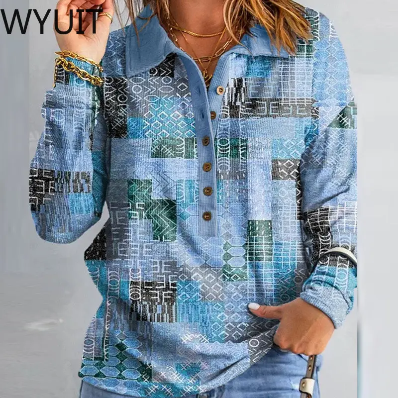 

Fashion Long Sleeve Shirt Blouse Casual Turn-down Collar Button Pullover Sweatshirt Retro Geometry Print Loose Women Tops Blusas