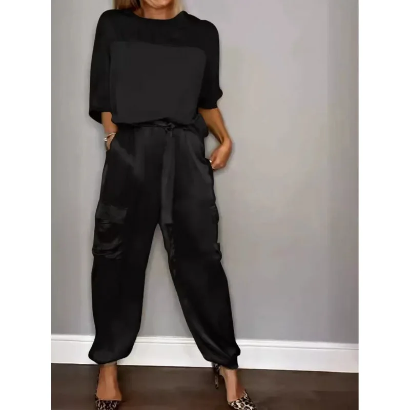 Новинка 2024 Модный женский Гладкий Атласный топ с рукавом до локтя и брюки костюм