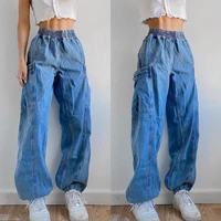 women big pocket y2k retro pants korean mom jeans loose casual jeans elastic waist wide leg cargo denim pants oversize bottoms