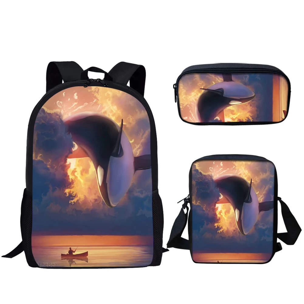 Belidome Causal School Bags Killer Whale Print 3Pcs Travel Backpack for Teen Boys Girls Back to School Bookbag Mochila Infantil