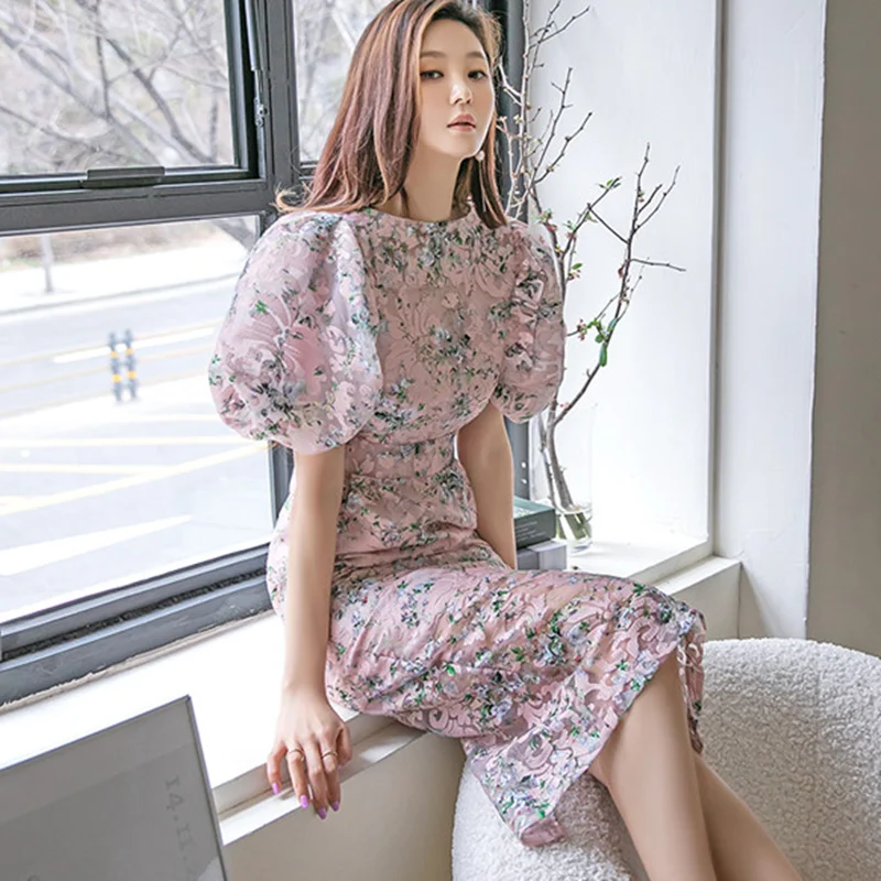 

Женское платье-карандаш с оборками, элегантное облегающее праздвечерние чное платье розового цвета с круглым вырезом и рукавами-фонарикам...