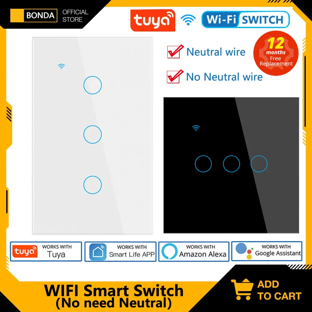 

Smart Switch No Neutral EU/UK/US/Brazil Standard Tuya Smart Life APP Works with Google Home Alexa Touch Sensor WiFi Switches