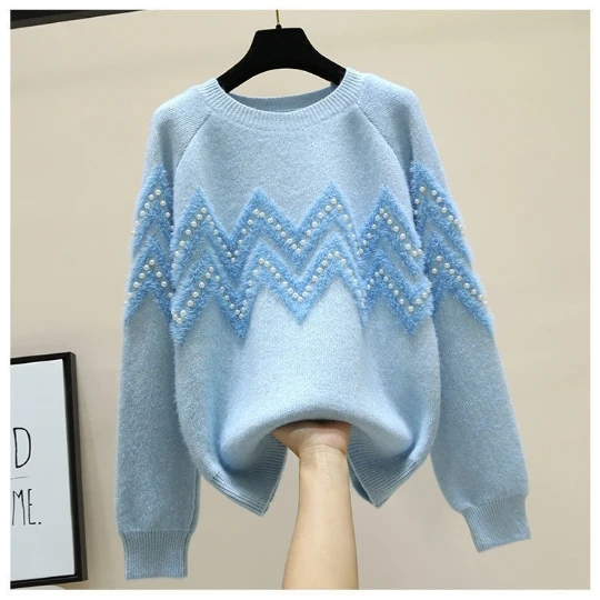 

Blue Pearl sleeve Pullover Girl Woman Women Sweater V-Neck Knit Tops Tight Women's Sweaters Fall Spring Top Coat Cloth Suétere