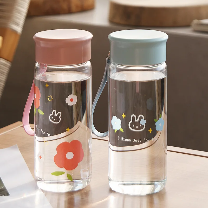 

400ML Glass Water Bottle Cartoon Summer Student Drinking Bottle Large Capacity Leak-proof Juice Milk Coffee Water Cup