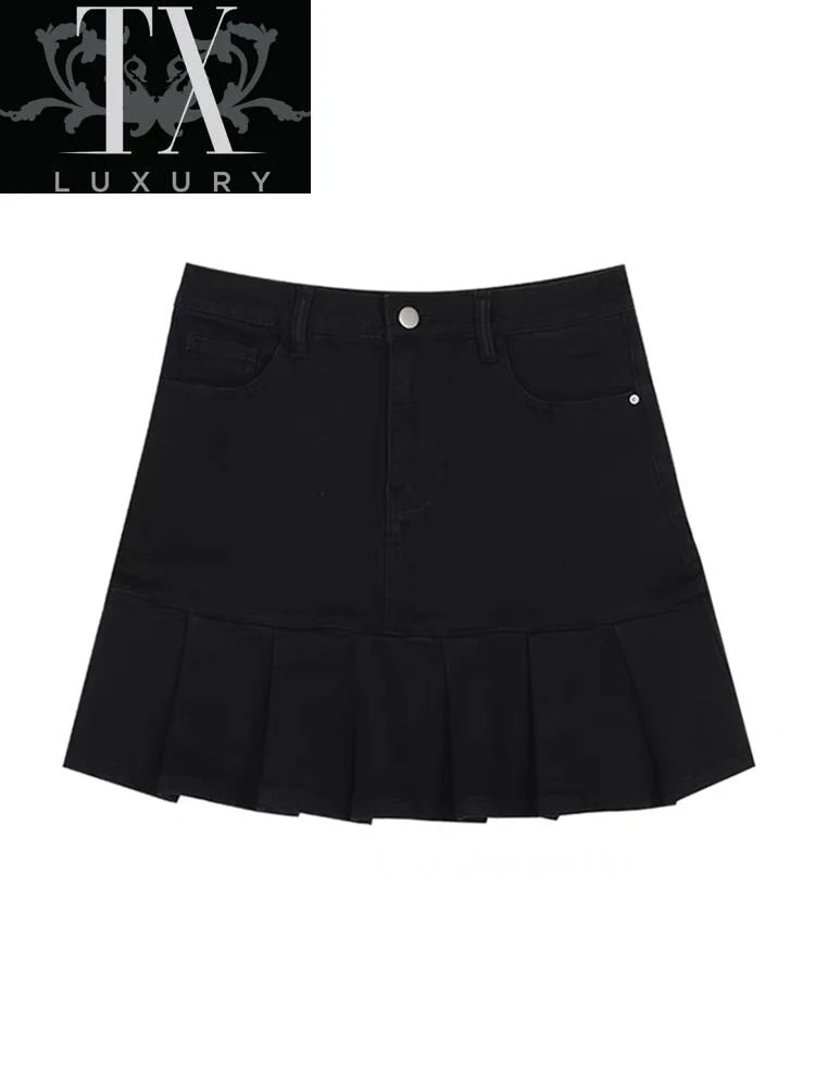 

Black Denim Women Korean Style High Waist A-line All-match Mini Jupe Streetwear Vintage Chic Female Pleated Skirt Harajuku