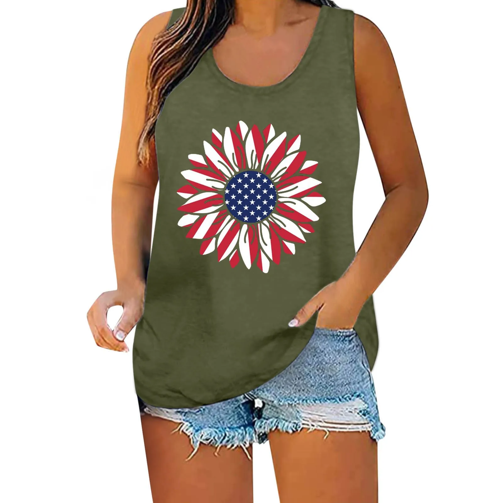 

Майка женская с цветочным принтом на День Независимости, повседневный жилет без рукавов, топ, Облегающая рубашка, на лето