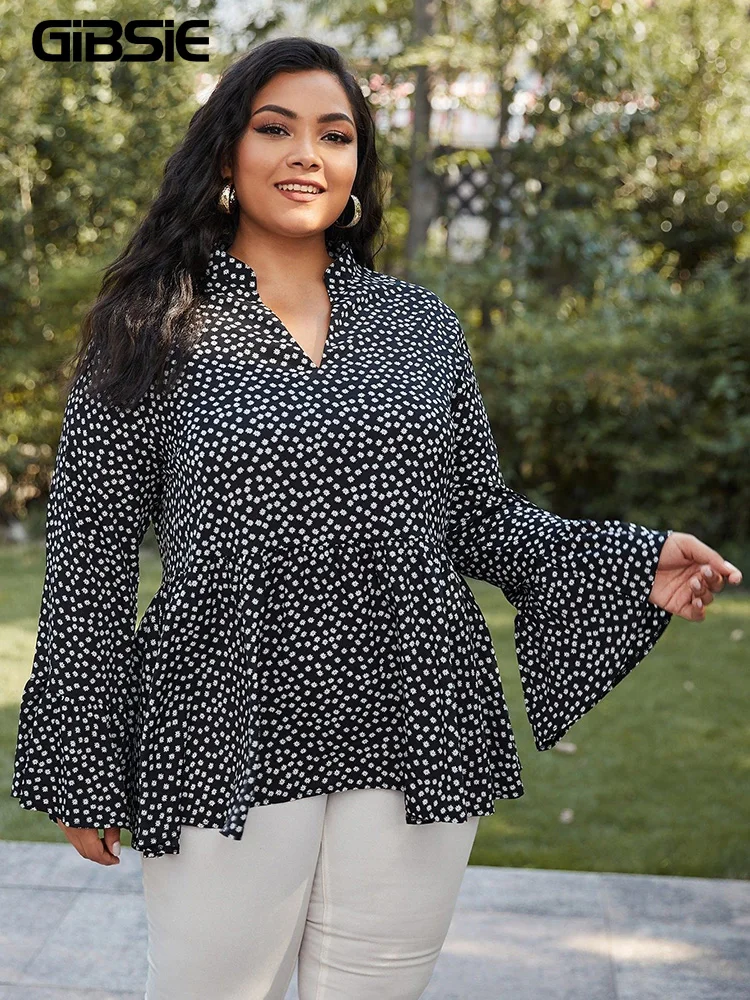 

GIBSIE Plus Size Notched Neck Ditsy Floral Top Blouse Women Spring Fall Flare Long Sleeve Casual Boho Ruffle Hem Blouses 2022