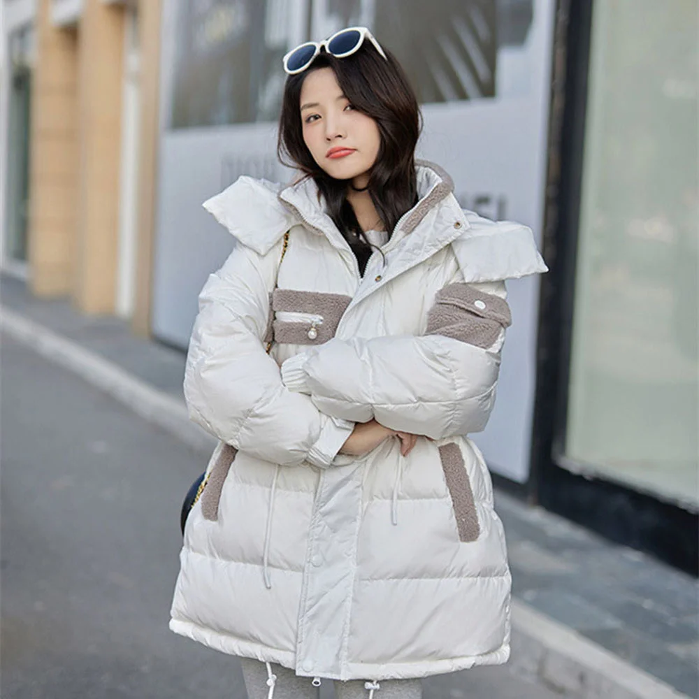 Women Thick Warm Winter Hooded Lamb wool stitching Parka Female Pocket 90% White Duck Down Coat Ladies Snow Outwear 2023