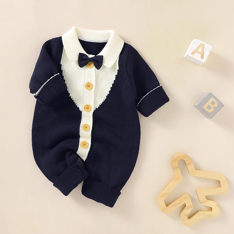 

Autumn Baby Clothes Winter Turtle Neck Long Sleeve Knit Newborn Boys Gentlemen Style Jumpsuits Playsuits Infant Overalls Outfits