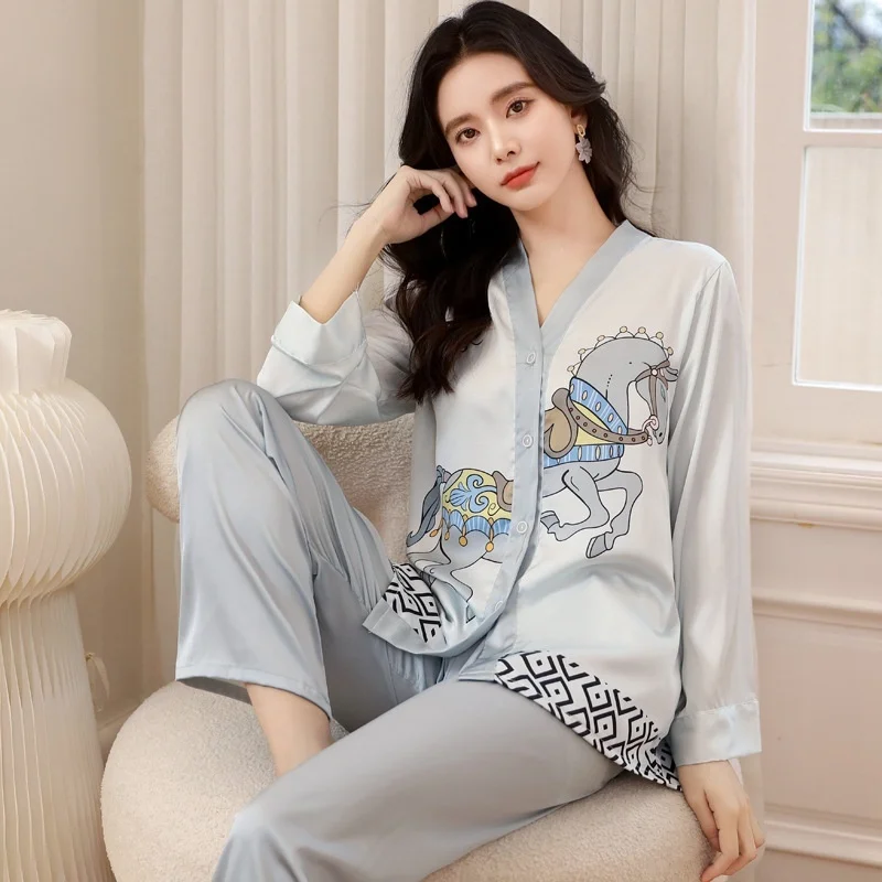 Lisacmvpnel Women's Spring New Pajama Set Ice Silk Thin Long Sleeve Suit Sleepwear 2023 New Large Size Printed Pyjamas