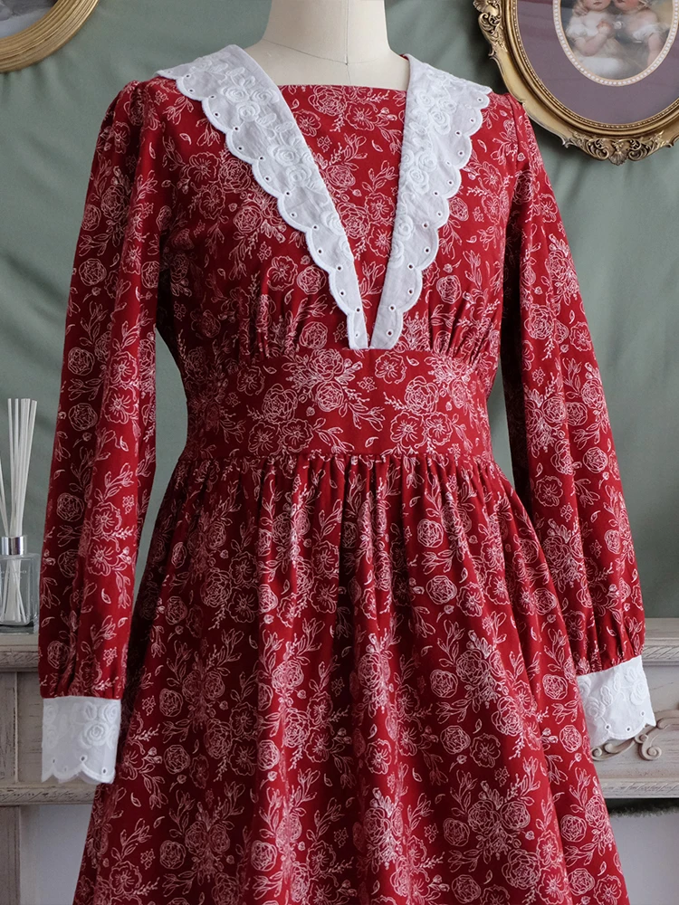 

Customized Spring Autumn Women Loose Plus Size 1980s Vintage England Style Sweet Floral Print Red Sanding Cotton Dresses
