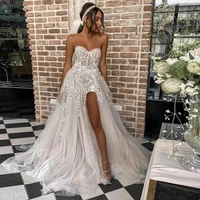 sexy beach wedding dresses for bride elegant lace boho wedding gowns strapless sleeveless high split princess marriage gowns