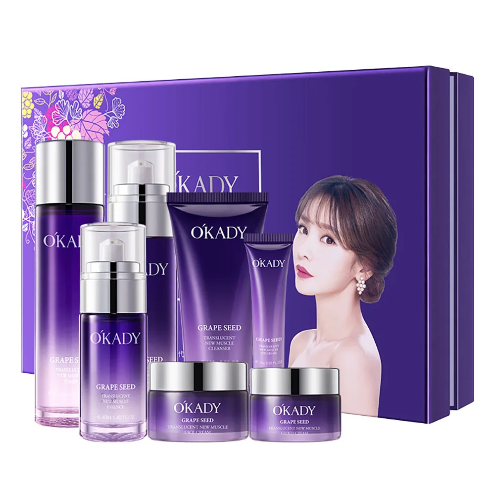 OKADY Grape Seed Beauty Face Skin Care Sets 7Pcs Facial Cleanser Whitening Lotion Firming Anti-wrinkle Face Tonic Face Cream