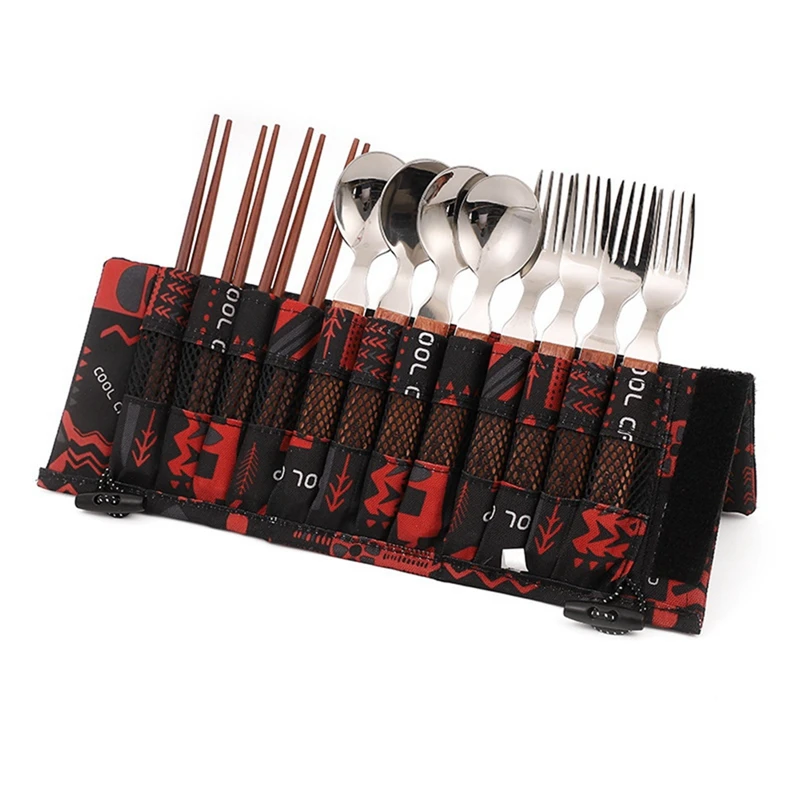 

ELOS-COOLCAMP 304 Stainless Steel Wooden Handle Tableware 4 People Set Picnic Barbecue Portable Outdoor Camping Spoon Fork Chops