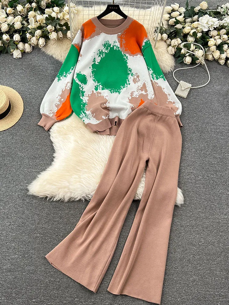 Женский вязаный комплект из 2 предметов Tie-dye свободный трикотажный пуловер с