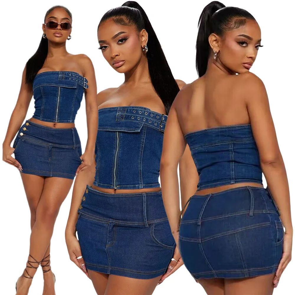 

Sexy Strapless Y2K Streetwear Jeans 2 Piece Skirt Sets Denim Tube Top Buttons Mini Skirts Night Club Outfit Wear Two Piece Dress