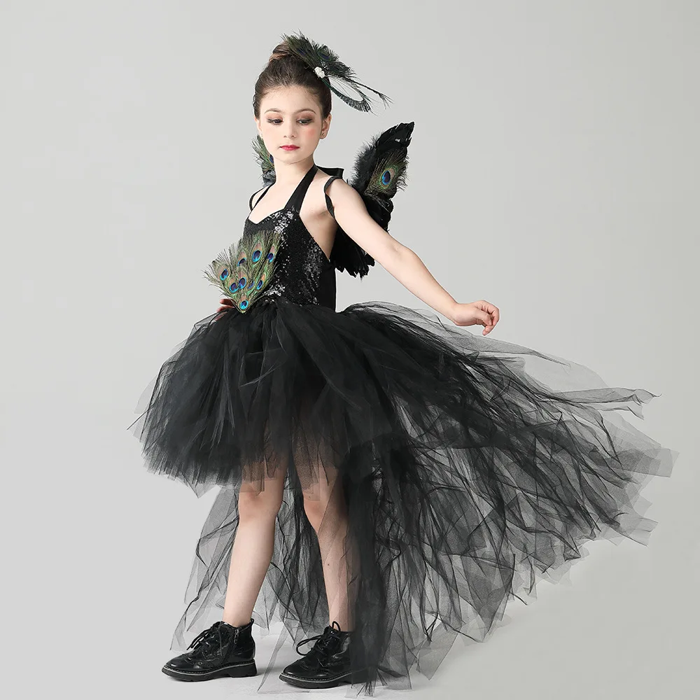 

Black Witch Girls Cosplay Dresses with Wings Set Vintage Peacock Black Tutu Dress for Children Halloween Birthday Party Clothes