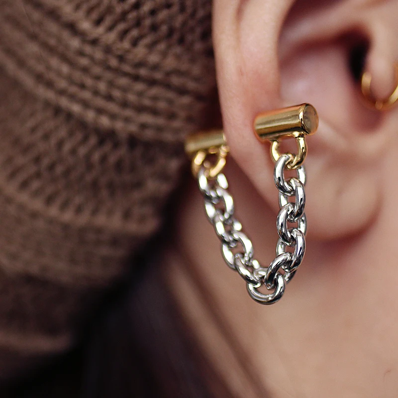 

Unique Creative Hip-hop Personality Contrast Color Metal Long Chain Tassel Earrings For Women Men Special Stud Ear Jewelry Gift