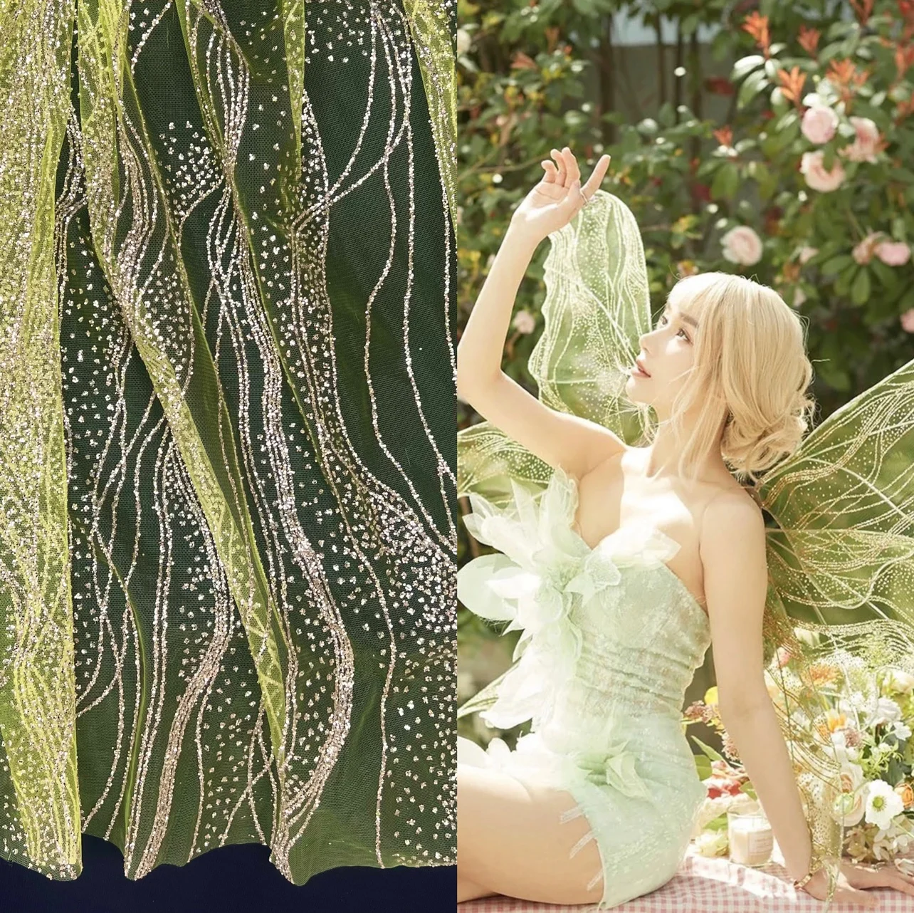 

Блестящая блестящая ткань с волнистыми блестками, прозрачная ткань с зелеными блестками Elf