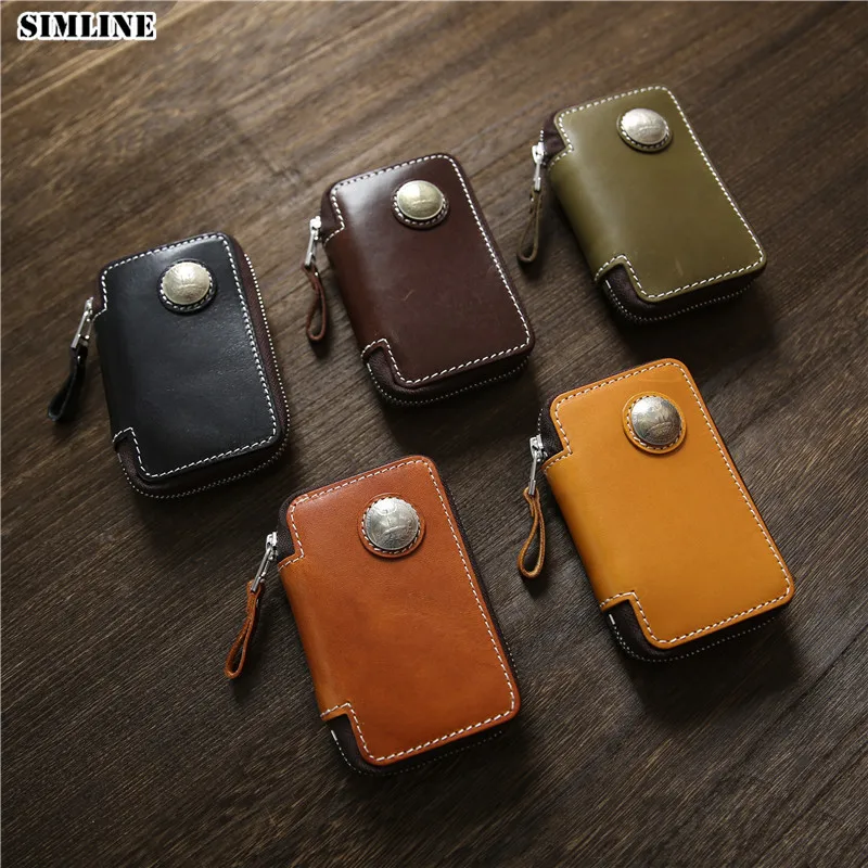 

100% натуральный кожаный кошелек для ключей для мужчин, винтажный короткий брелок ручной работы на молнии, брелок-органайзер для домохозяек