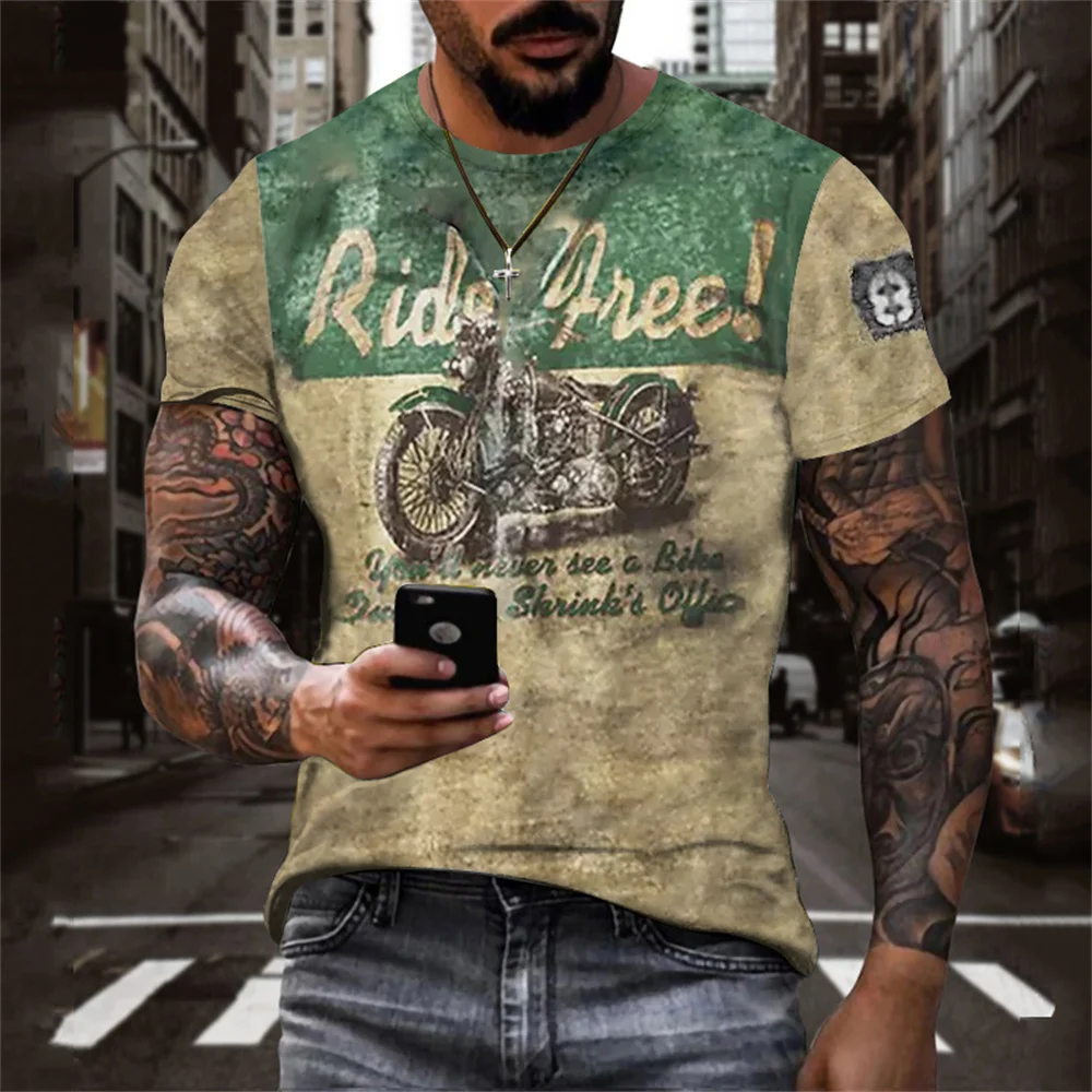 

O Neck Men's T-shirts Retro Motorcycle Short Sleeve Street Harajuku 2023 New Beach Luxury Sportswear Tops Hip-hop 3D Printed