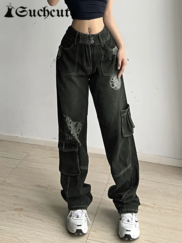 

SUCHCUTE Streetwear Baggy Jeans Women Low Waist Vintage Graphics Print Casual Wide Leg Pants Harajuku Korean Fashion Trousers