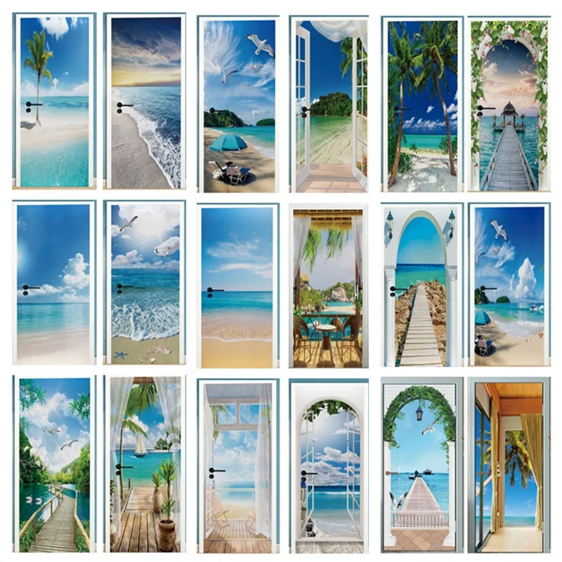 

Blue Sky Door Mural Stickers Self-Adhesive Beach Sea View Wallpaper Custom Size House Door Design Decor 3D Nature Scenery Decal