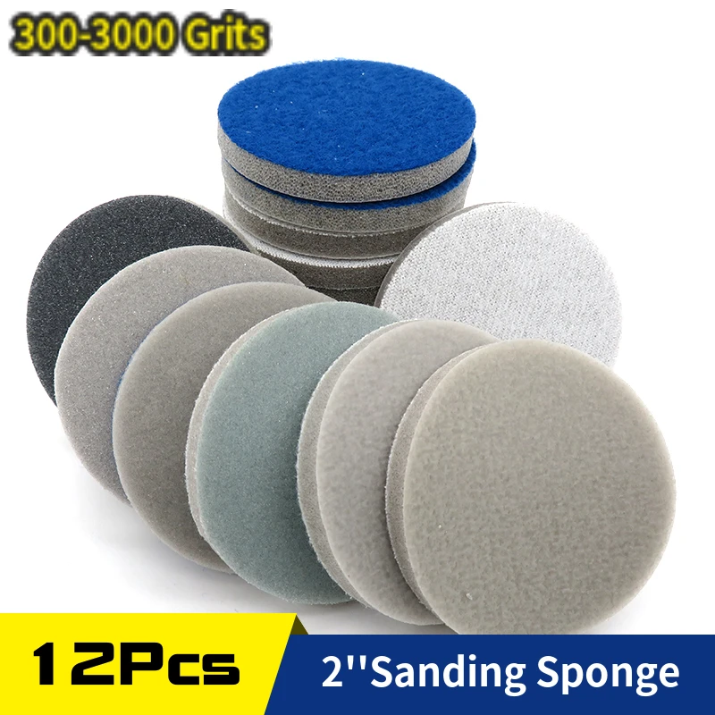 

12 Pc 2 Inch 50mm 300-3000 Grit Flocking Round Sanding Sponge Abrasive Sanding Disc Hook Loop for Car Phone Polishing Grinding