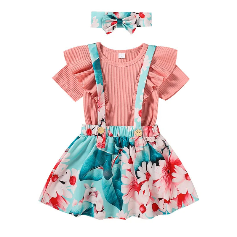 

Toddler Kids Casual Floral Printing Outfits Short Sleeve Ruffles Ribbed Tops and Suspender Skirts Headband Baby Girls Sweet 3PCS
