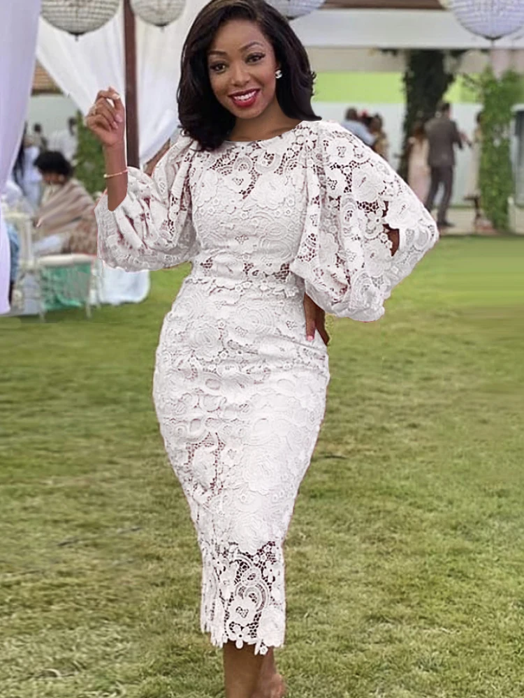 

Женское кружевное платье-карандаш средней длины, с рукавом-фонариком