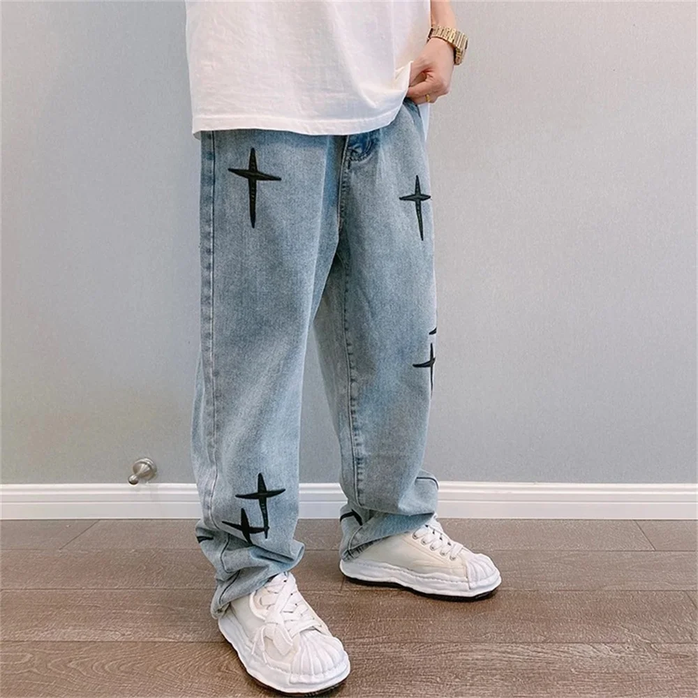 Embroidered Jeans Men Straight Loose Wide-leg Pants Spring and Autumn Korean Fashion High Street Hip Hop Style Male Trousers New