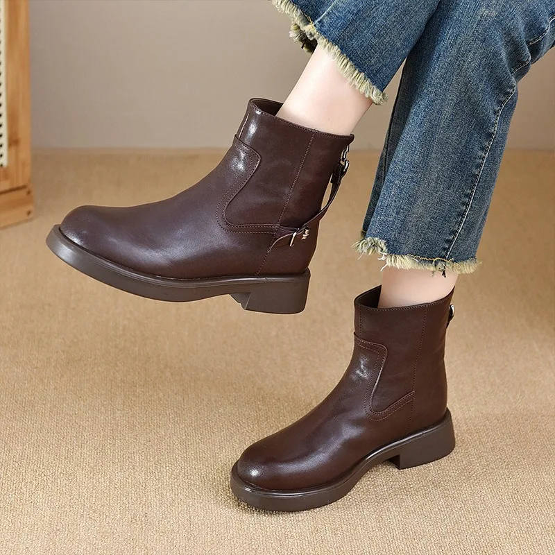 Koznoy/Винтажные зимние ботинки из коровьей кожи на массивном каблуке 4 см женские