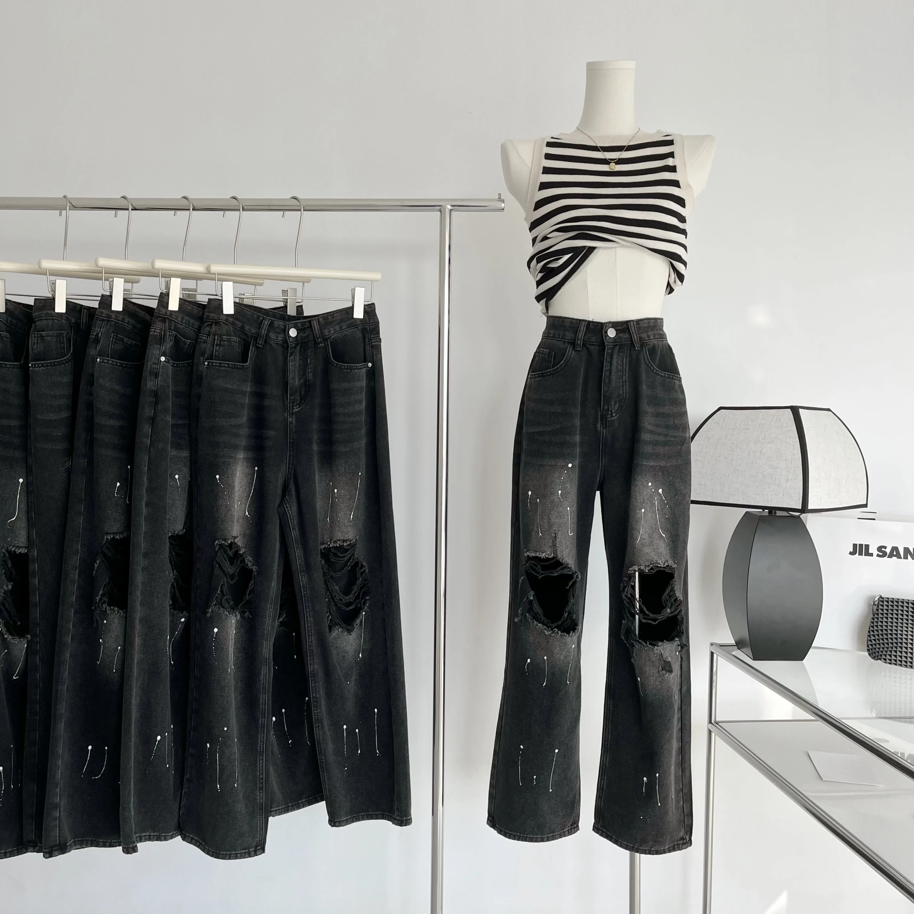 

Black Ripped High Waist Jeans for women Vintage Clothes y2k Fashion Straight Denim Trousers Streetwear Hole Hip Hop Pant jeans