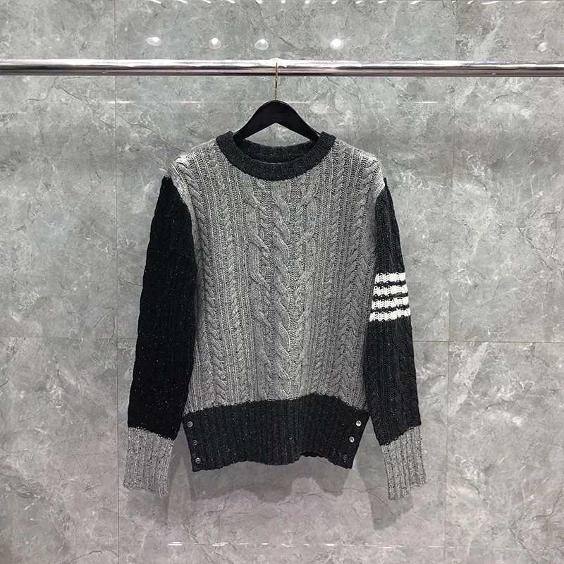 TB THOM Men's Sweater Winter Fashion Brand Coats Gray Fun-Mix Wool Mohair Knit Tweed Aran Cable Stripe Pullover Neck TB Sweaters