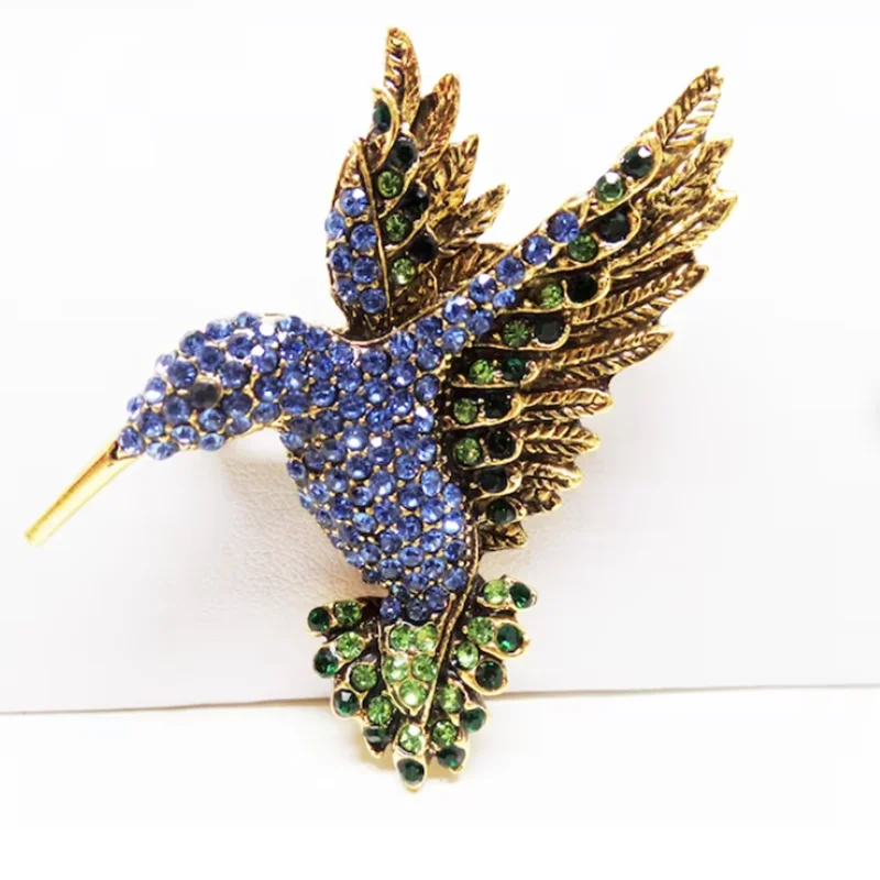 

BLUE AND GREEN CRYSTAL HUMMINGBIRD BROOCH Blue Humming Bird Brooch with Rhinestone Hat Clutch Birds Broaches Mothers' Day Gift