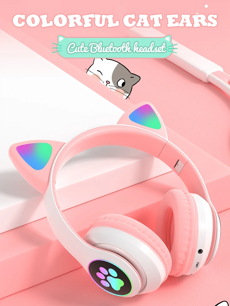 Headset With Mic Rainbow Color Noise Cancelling Support Tf Card Sport Earbuds Tws Earphone Cat Ear Headphones