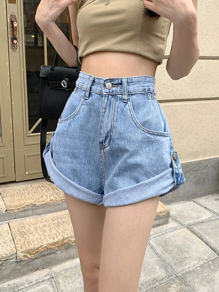 New Spring Summer Women High Waist Wide Leg Blue Denim Shorts Streetwear Female Loose Retro Jeans Shorts Bottoms