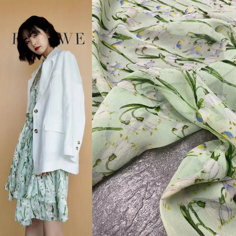 

Fashion New Product Green Bottom Rattan Bell Flower Silk Georgette Fabric High-end Refreshing Dress Shirt Mulberry Silk Fabric
